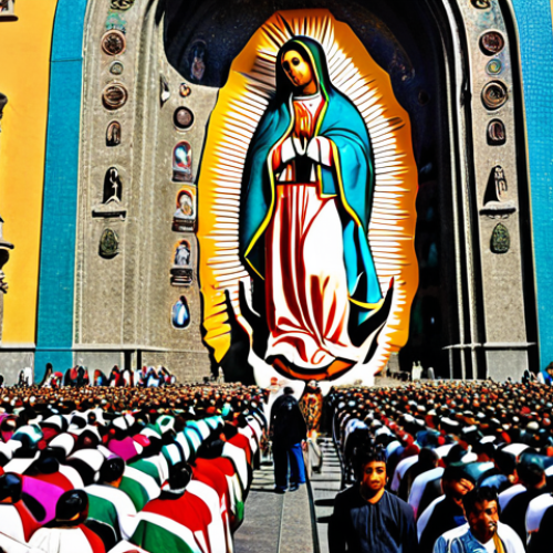Home 23 Our Lady of Guadalupe: A vibrant depiction of the Virgin Mary as she appeared to Juan Diego, set against the Basilica of Guadalupe in Mexico City, teeming with pilgrims.