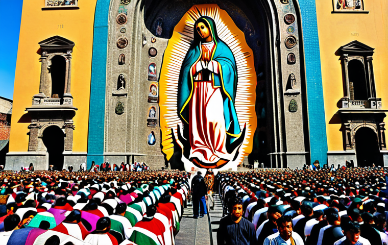 Our Lady of Guadalupe: A vibrant depiction of the Virgin Mary as she appeared to Juan Diego, set against the Basilica of Guadalupe in Mexico City, teeming with pilgrims.