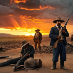 **A poignant depiction of the oppressed Mexican peasantry at the dawn of the revolution.** Faces etched with hardship and simmering defiance, some holding old rifles and farming tools. They stand on arid, confiscated land under a dramatic sky where dark storm clouds begin to break, revealing a fiery, hopeful sunrise. The atmosphere conveys a mix of quiet desperation and the overwhelming, unstoppable surge of an impending uprising. High detail, historical realism, warm and gritty color palette, cinematic lighting.
