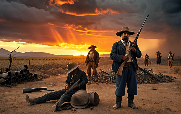 **A poignant depiction of the oppressed Mexican peasantry at the dawn of the revolution.** Faces etched with hardship and simmering defiance, some holding old rifles and farming tools. They stand on arid, confiscated land under a dramatic sky where dark storm clouds begin to break, revealing a fiery, hopeful sunrise. The atmosphere conveys a mix of quiet desperation and the overwhelming, unstoppable surge of an impending uprising. High detail, historical realism, warm and gritty color palette, cinematic lighting.