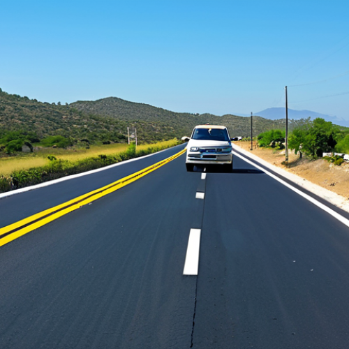Home 21 A professional rental car carefully navigating a sun-drenched rural Mexican highway, approaching a large, prominent tope (speed bump) in the foreground. The road stretches into the distance with sparse vegetation on either side under a clear blue sky, illustrating unique road challenges. Fully clothed, modest clothing, appropriate attire, safe for work, perfect anatomy, correct proportions, natural body proportions, professional photography, high quality, family-friendly.