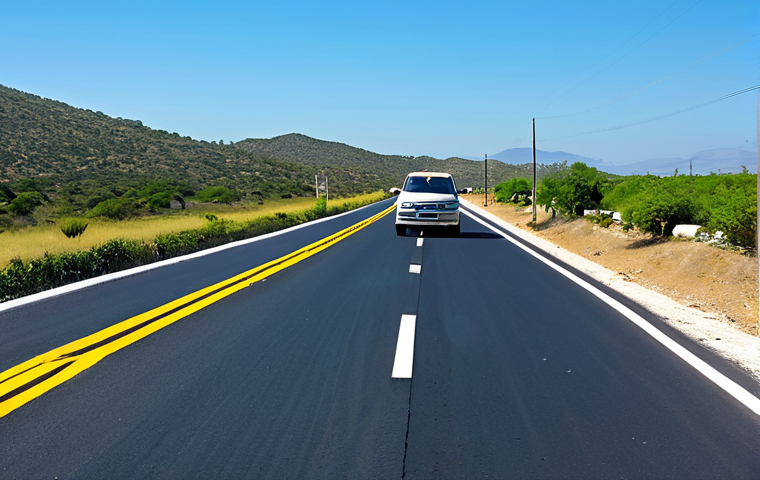 A professional rental car carefully navigating a sun-drenched rural Mexican highway, approaching a large, prominent tope (speed bump) in the foreground. The road stretches into the distance with sparse vegetation on either side under a clear blue sky, illustrating unique road challenges. Fully clothed, modest clothing, appropriate attire, safe for work, perfect anatomy, correct proportions, natural body proportions, professional photography, high quality, family-friendly.