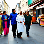 A vibrant street scene capturing the essence of two cultures. On one side, a group of diverse individuals of all ages in modest, colorful traditional clothing, gathered around a lively street food stall. They are fully clothed, sharing laughter and expressive conversation, some spontaneously dancing to background music in a relaxed, joyful atmosphere with warm sunlight. On the other side, in the subtly integrated background, individuals in modern, professional dress walk with purpose on a clean, bustling city sidewalk near contemporary architecture, embodying efficiency. The image conveys a harmonious contrast of time and community values. fully clothed, appropriate attire, safe for work, professional, perfect anatomy, correct proportions, natural pose, well-formed hands, proper finger count, natural body proportions, professional photography, high quality, family-friendly.