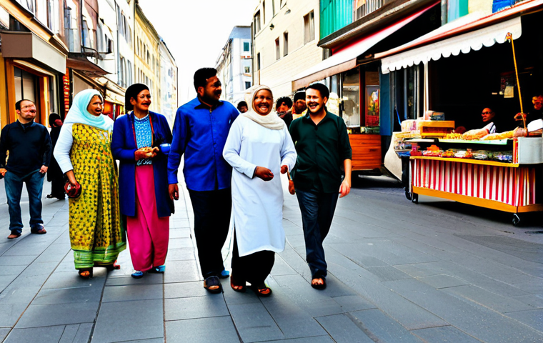 A vibrant street scene capturing the essence of two cultures. On one side, a group of diverse individuals of all ages in modest, colorful traditional clothing, gathered around a lively street food stall. They are fully clothed, sharing laughter and expressive conversation, some spontaneously dancing to background music in a relaxed, joyful atmosphere with warm sunlight. On the other side, in the subtly integrated background, individuals in modern, professional dress walk with purpose on a clean, bustling city sidewalk near contemporary architecture, embodying efficiency. The image conveys a harmonious contrast of time and community values. fully clothed, appropriate attire, safe for work, professional, perfect anatomy, correct proportions, natural pose, well-formed hands, proper finger count, natural body proportions, professional photography, high quality, family-friendly.